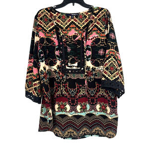 Denim 24/7 Boho Gauzy Crepe Tunic Top Back Pink Mixed Pattern Crochet 16W